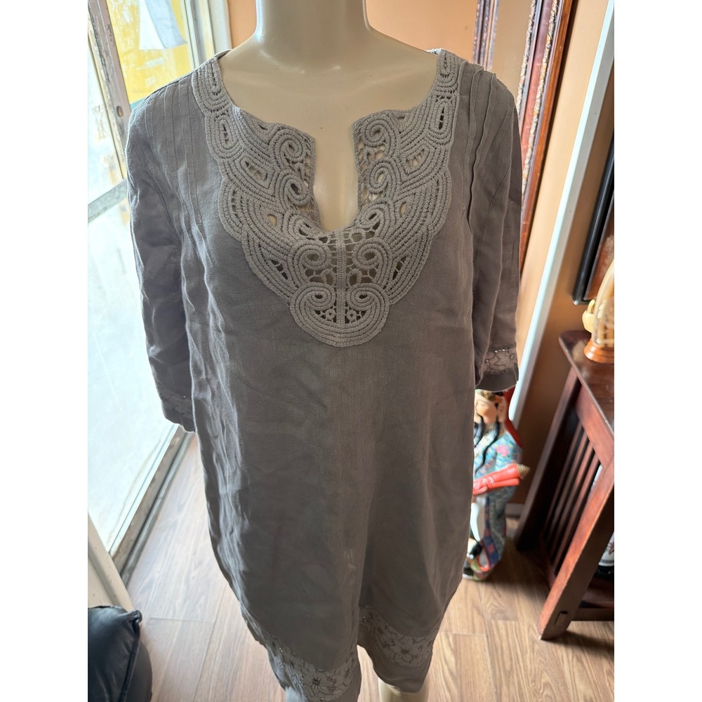 Carla Conti Italy Linen Tunic Dress Taupe Grey Crochet Lace Trim Womens Medium